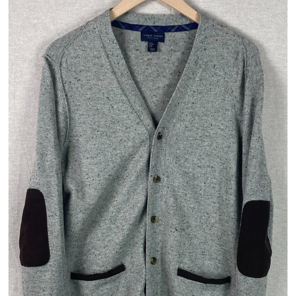 Thomas Parker Mens Cardigan Sweater Size Medium Suede Elbow Patches Grandpacore - Picture 3 of 11